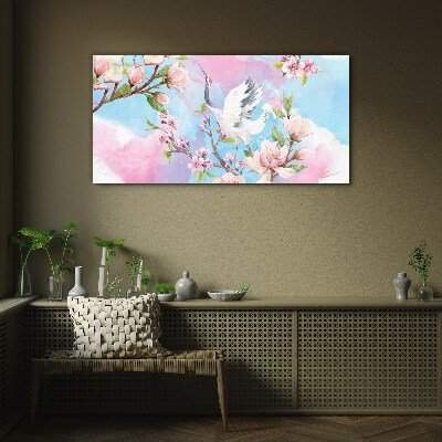 Floral landscape with a crane Glass Wall Art