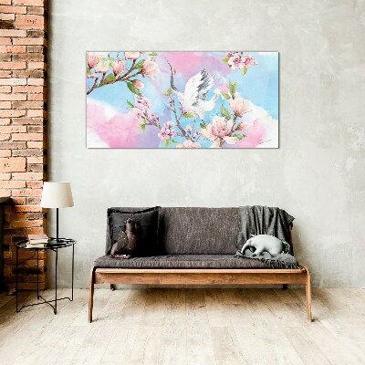 Floral landscape with a crane Glass Wall Art