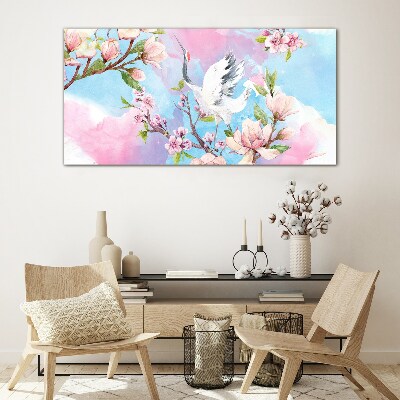 Floral landscape with a crane Glass Wall Art
