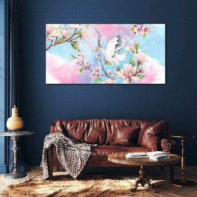 Floral landscape with a crane Glass Wall Art