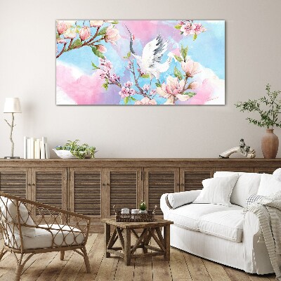 Floral landscape with a crane Glass Wall Art