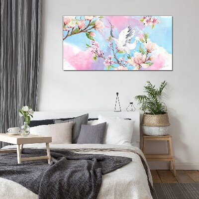 Floral landscape with a crane Glass Wall Art