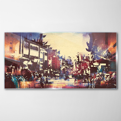 Streetscape in night colors Glass Wall Art