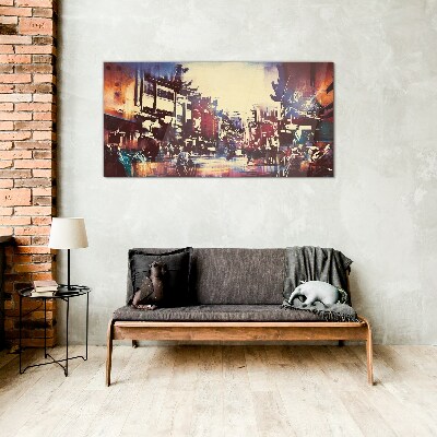 Streetscape in night colors Glass Wall Art