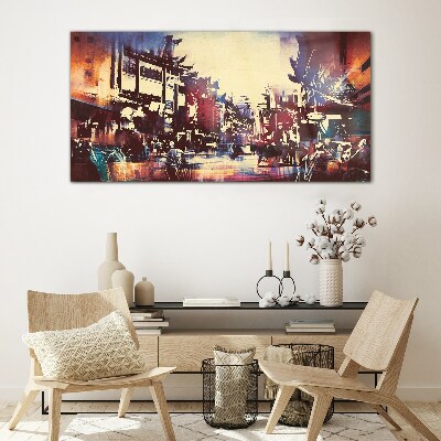 Streetscape in night colors Glass Wall Art