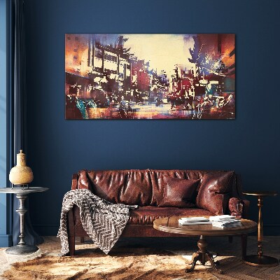 Streetscape in night colors Glass Wall Art