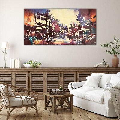 Streetscape in night colors Glass Wall Art