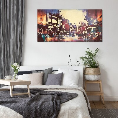 Streetscape in night colors Glass Wall Art