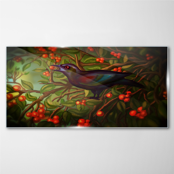A bird on a fruit branch in the background Glass Wall Art