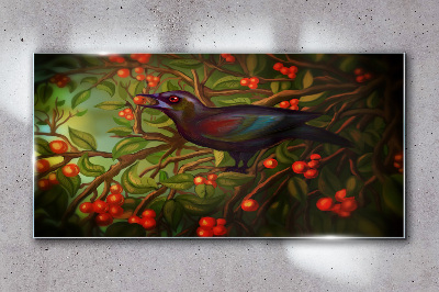 A bird on a fruit branch in the background Glass Wall Art