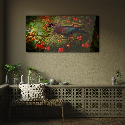 A bird on a fruit branch in the background Glass Wall Art