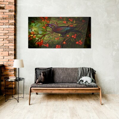 A bird on a fruit branch in the background Glass Wall Art