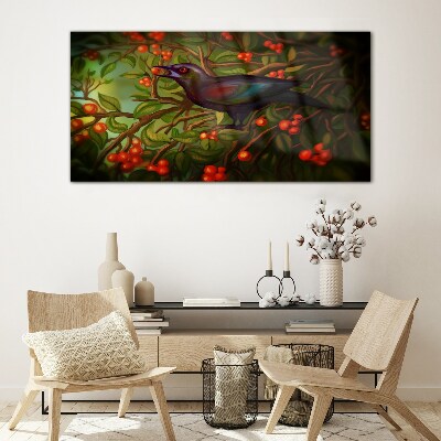 A bird on a fruit branch in the background Glass Wall Art