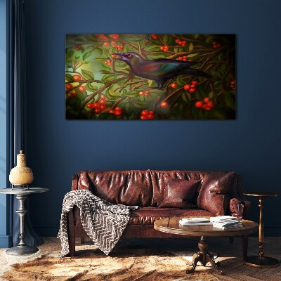 A bird on a fruit branch in the background Glass Wall Art
