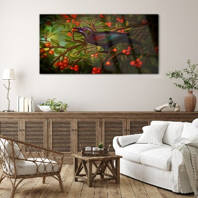 A bird on a fruit branch in the background Glass Wall Art