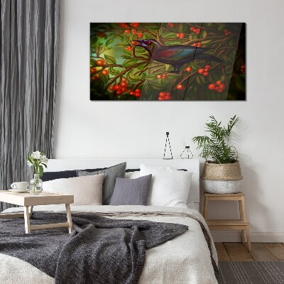 A bird on a fruit branch in the background Glass Wall Art