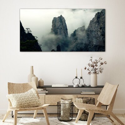 Misty mountain landscape Glass Wall Art