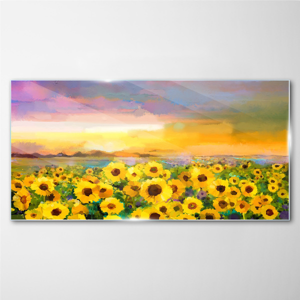 Sunflowers in the sunset rays Glass Wall Art