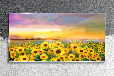 Sunflowers in the sunset rays Glass Wall Art