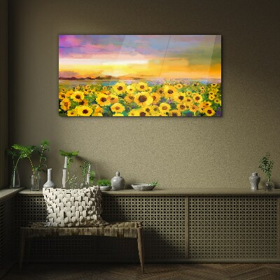 Sunflowers in the sunset rays Glass Wall Art