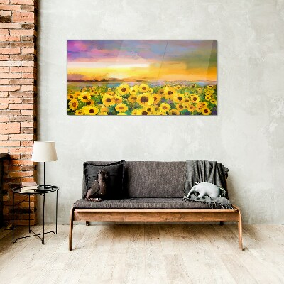 Sunflowers in the sunset rays Glass Wall Art