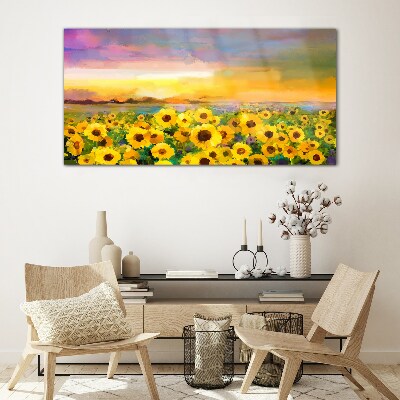 Sunflowers in the sunset rays Glass Wall Art