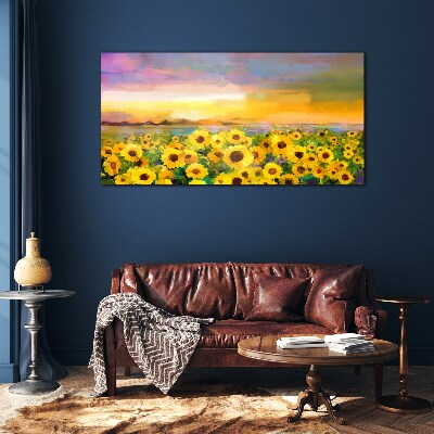 Sunflowers in the sunset rays Glass Wall Art
