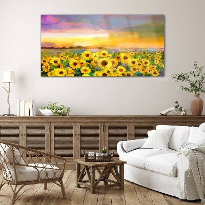 Sunflowers in the sunset rays Glass Wall Art