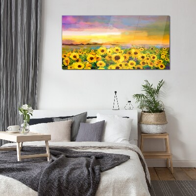 Sunflowers in the sunset rays Glass Wall Art