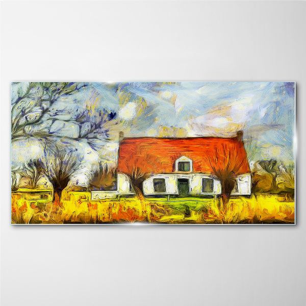 A colorful country cottage in the landscape Glass Wall Art