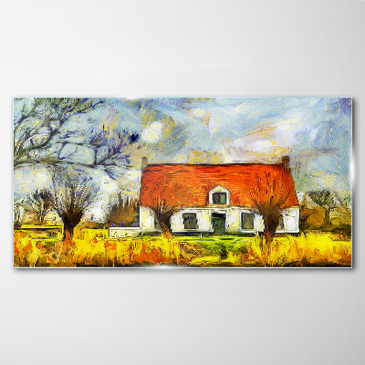 A colorful country cottage in the landscape Glass Wall Art