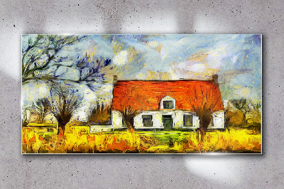 A colorful country cottage in the landscape Glass Wall Art