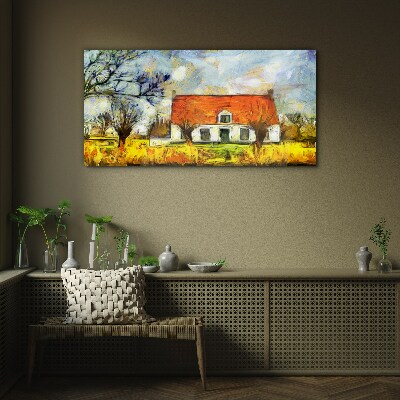 A colorful country cottage in the landscape Glass Wall Art