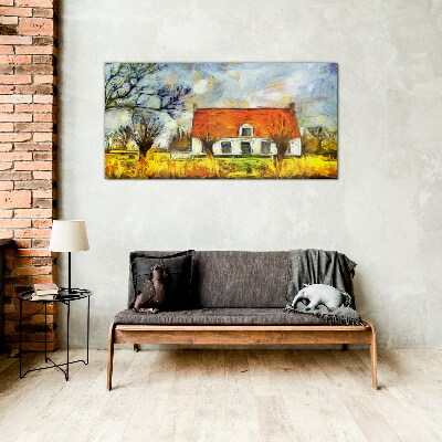 A colorful country cottage in the landscape Glass Wall Art