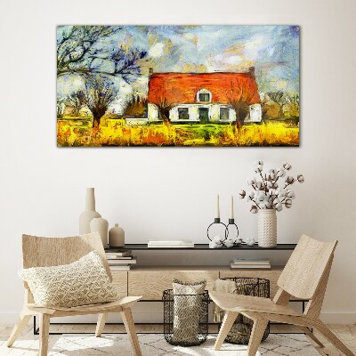 A colorful country cottage in the landscape Glass Wall Art