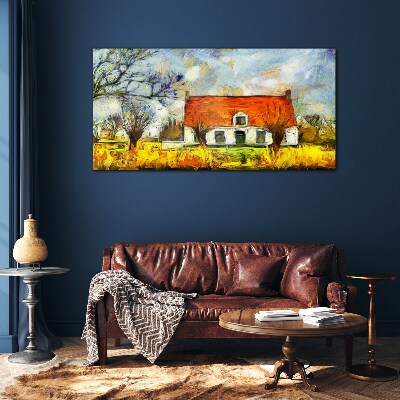 A colorful country cottage in the landscape Glass Wall Art