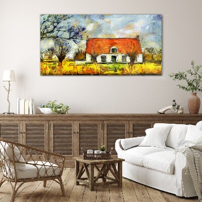 A colorful country cottage in the landscape Glass Wall Art