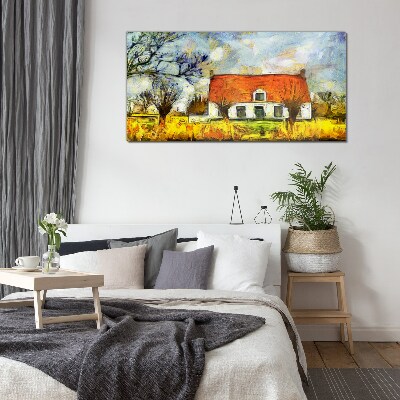 A colorful country cottage in the landscape Glass Wall Art