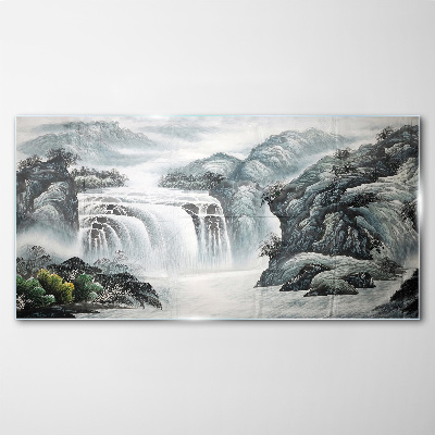 Mountain river waterfall bushes Glass Wall Art
