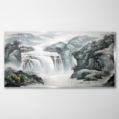 Serene waterfalls in a mountain landscape Glass Wall Art