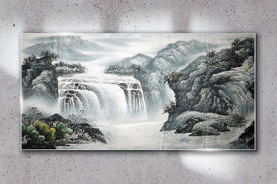 Mountain river waterfall bushes Glass Wall Art