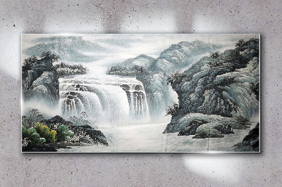 Serene waterfalls in a mountain landscape Glass Wall Art