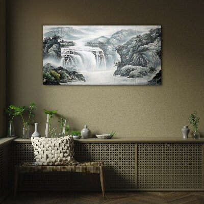 Serene waterfalls in a mountain landscape Glass Wall Art