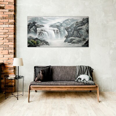 Serene waterfalls in a mountain landscape Glass Wall Art