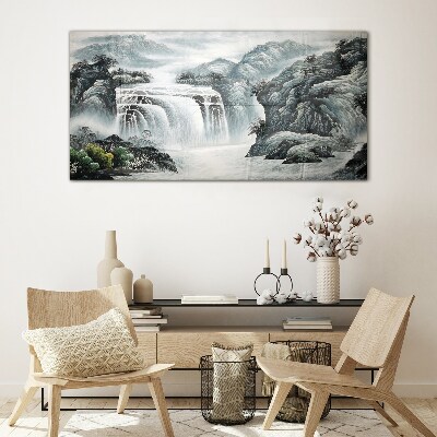 Serene waterfalls in a mountain landscape Glass Wall Art