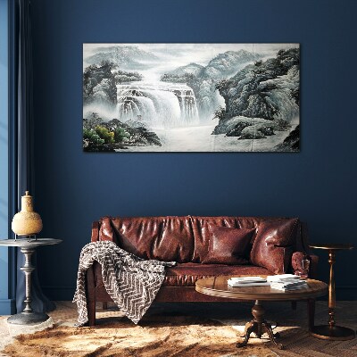 Serene waterfalls in a mountain landscape Glass Wall Art