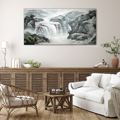 Serene waterfalls in a mountain landscape Glass Wall Art