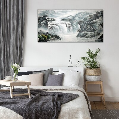 Serene waterfalls in a mountain landscape Glass Wall Art