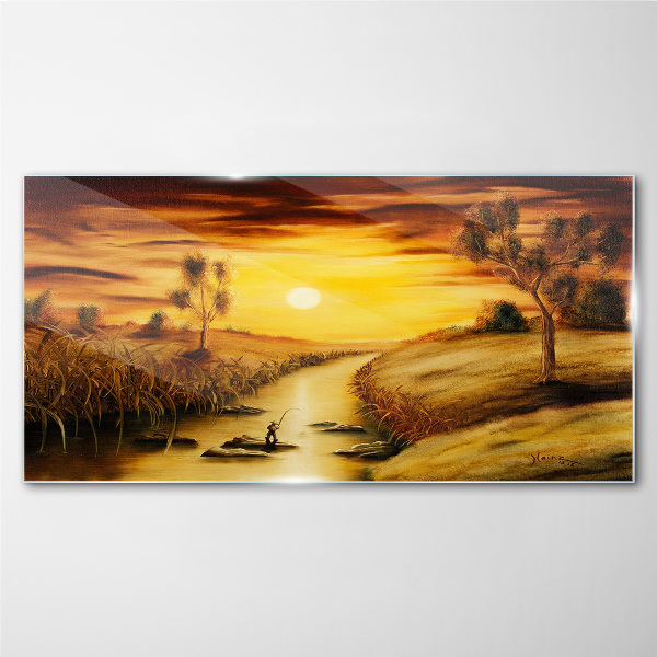 Golden hour on the river Glass Wall Art