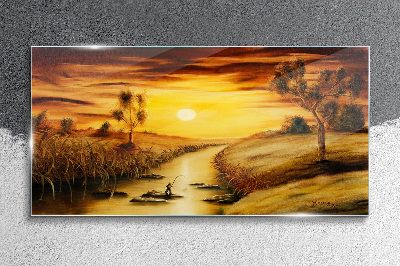 Golden hour on the river Glass Wall Art